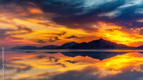 Stunning sunset over serene lake reflecting vibrant colors and mountains in the background