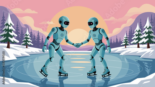 AI Robots Ice Skating on Frozen Lake at Sunset with Snow-Covered Pine Trees in Calm Winter Landscape, Vector Art Style with Soft Pastel Colors
