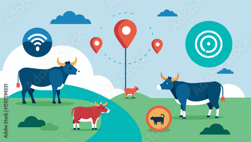Automated tracking tags come with GPS capabilities providing farmers with precise location data on their grazing animals and ensuring their safety and security.. Vector illustration