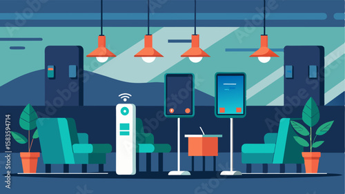The hotel lobby is equipped with highspeed charging stations ensuring that the freelancers devices are always powered up and ready to go.. Vector illustration