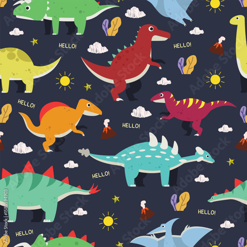 Seamless Cute Dinosaur Pattern on Dark Background