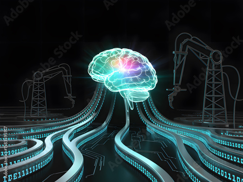 A glowing brain surrounded by mechanical arms and digital data lines on a black background, representing AI, machine learning and human intelligence technologies in industry.