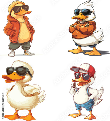 The happy duck is styling like a rapper and wearing sunglasses vector style on white background