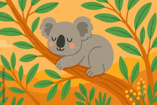 Sleepy Koala on Eucalyptus Branch Cute Australian Wildlife Illustration