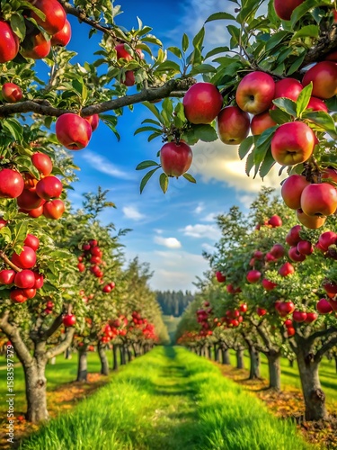 Row of apple trees with many apples hanging from them