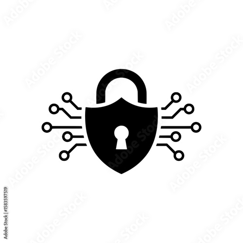 Solid Black Cybersecurity Icon Represented by a Shield Shaped Padlock with Electronic Circuits Around It