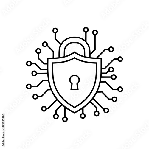 Outline Cybersecurity Icon Represented by a Shield Shaped Padlock with Electronic Circuits Around It