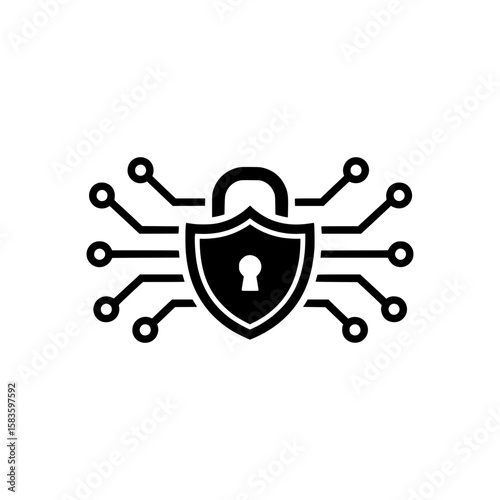 Solid Black Cybersecurity Icon Represented by a Shield Shaped Padlock with Electronic Circuits Around It