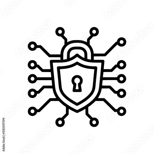 Cybersecurity Icon Represented by a Shield Shaped Padlock with Electronic Circuits Around It