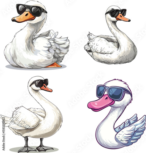 The happy Swan is styling like a rapper and wearing sunglasses vector style on white background
