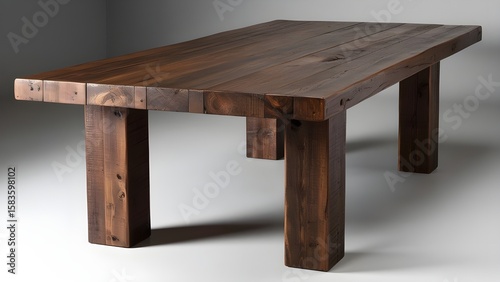 A rectangular wooden table in a minimalistic background. Indoor furniture. 