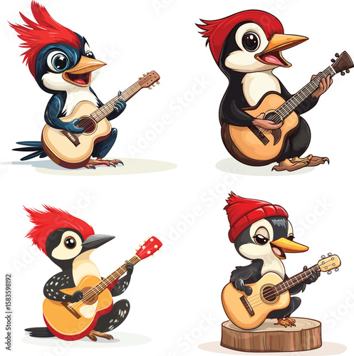 The happy Woodpecker is playing guitar while sitting vector style on white background