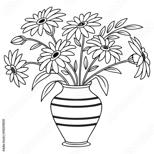 Simple clean line drawing of a bouquet of daisies in vibrant colors