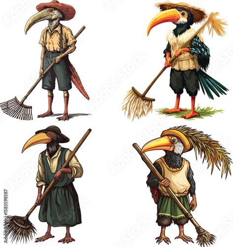 The Hornbill farmer is holding the rake vector style on white background 