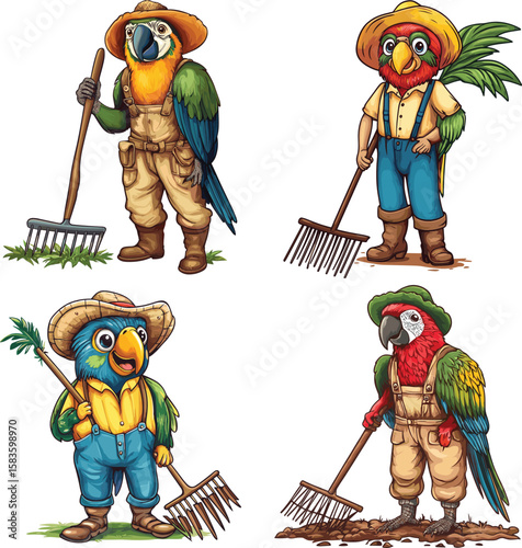 The Parrot farmer is holding the rake vector style on white background 