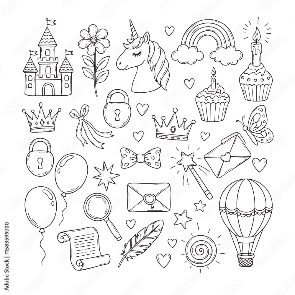 Obraz premium Enchanting fairytale vector illustration featuring a unicorn, castle, and rainbow, perfect for magical designs.