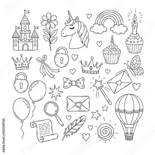 Enchanting fairytale vector illustration featuring a unicorn, castle, and rainbow, perfect for magical designs.