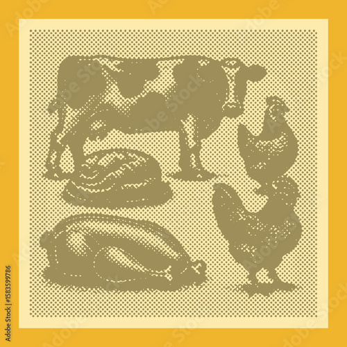  Olive color engraving canvas template with stamp lined halftone vector featuring cow pig chicken beef pork farm animals meat design perfect for agriculture farming butchery market