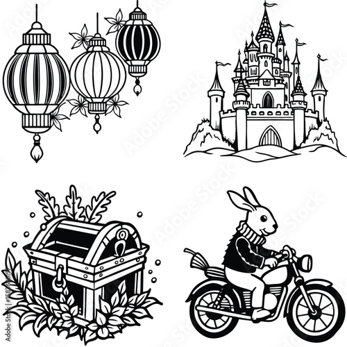 Vector art of a compilation of unique illustrations featuring lanterns, a castle, a treasure chest, and a rabbit on a motorcycle