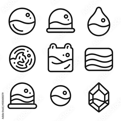 Water Toy Icons. Line style icons of Water Wobble Toys: water wobble disk, water dome, water bobble toy, water maze ball, water