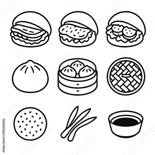 Bao Bun Icons. Line style icons of Bao Bun Varieties: pork belly bao, chicken bao, vegetarian bao, custard bao, bao steamer basket