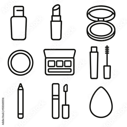 Makeup Essentials Icons. Line style icons of Makeup Essentials: foundation bottle, concealer stick, powder compact, blush pan,