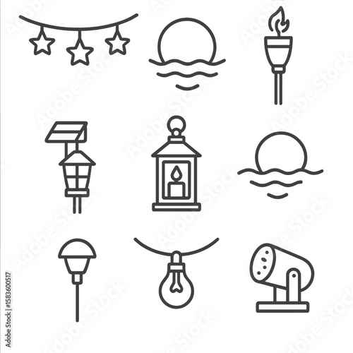 Evening Pool Icons. Line style icons of Evening Pool Lighting: string lights, floating LED orb, tiki lantern, solar stake light,