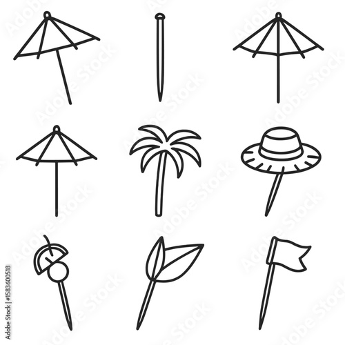 Tropical Drink Umbrellas. Line style icons of Tropical Drink Umbrellas: cocktail umbrella, bamboo skewer, paper parasol, mini