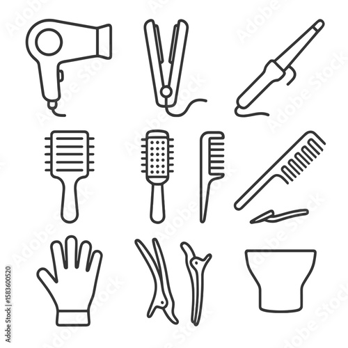 Hair Styling Icons. Line style icons of Hair Styling Tools: hair dryer, flat iron, curling wand, vent brush, round brush, styling