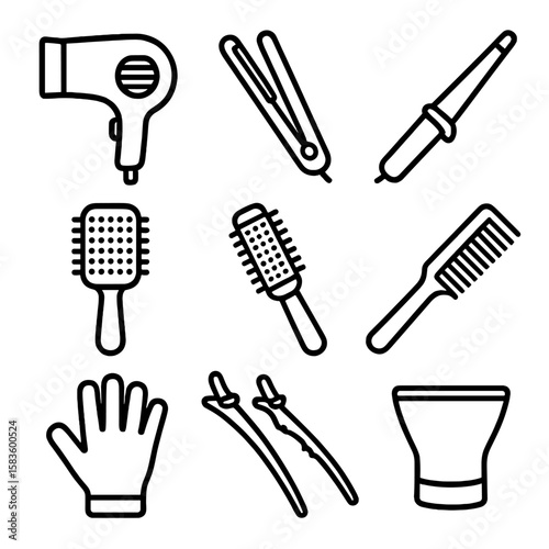 Hair Styling Icons. Line style icons of Hair Styling Tools: hair dryer, flat iron, curling wand, vent brush, round brush, styling