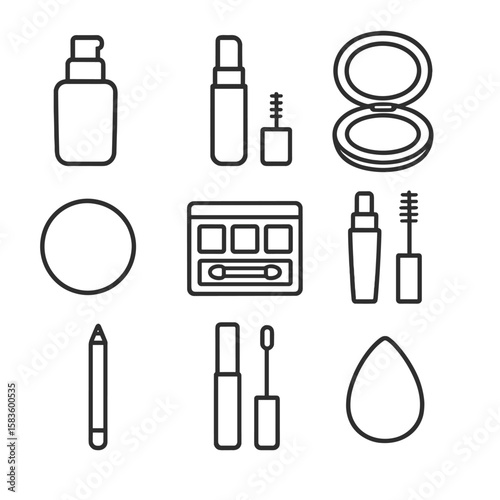 Makeup Essentials Icons. Line style icons of Makeup Essentials: foundation bottle, concealer stick, powder compact, blush pan,