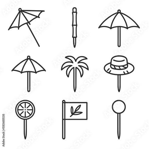 Tropical Drink Umbrellas. Line style icons of Tropical Drink Umbrellas: cocktail umbrella, bamboo skewer, paper parasol, mini