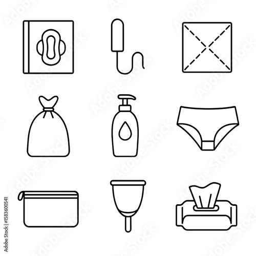 Women's Hygiene Icons. Line style icons of Women’s Hygiene Kit: sanitary pad pack, tampon applicator, pantyliner wrapper, disposal