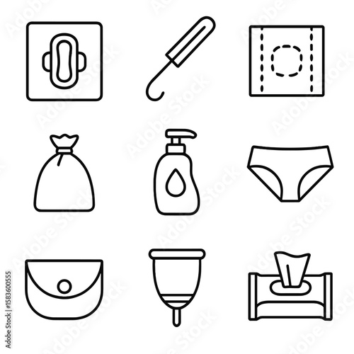 Women's Hygiene Icons. Line style icons of Women’s Hygiene Kit: sanitary pad pack, tampon applicator, pantyliner wrapper, disposal