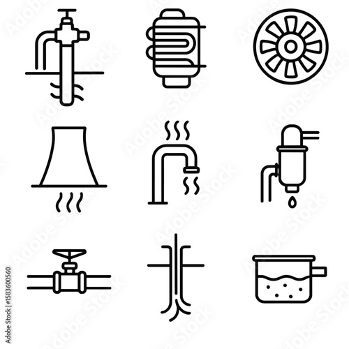 Geothermal Plant Icons. Line style icons of Geothermal Plant Equipment: geothermal wellhead, heat exchanger, steam turbine,