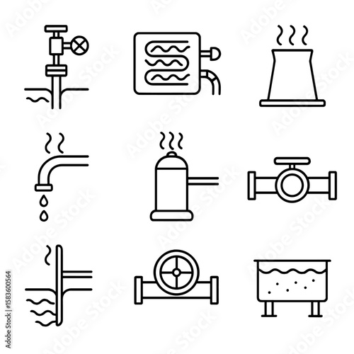 Geothermal Plant Icons. Line style icons of Geothermal Plant Equipment: geothermal wellhead, heat exchanger, steam turbine,