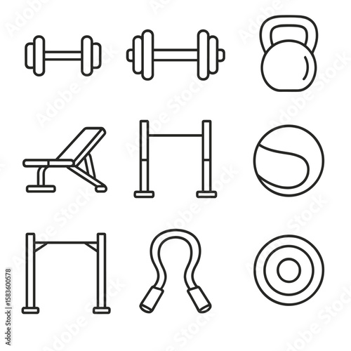 Gym Equipment Icons. Line style icons of Gym Equipment: dumbbell, barbell, kettlebell, bench press, squat rack, medicine ball,