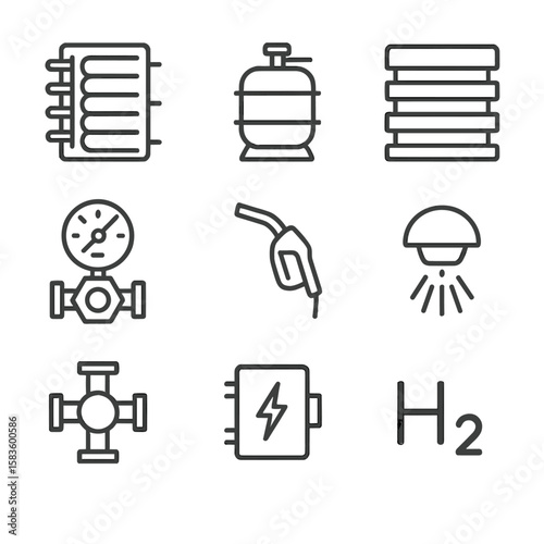 Hydrogen Fuel Line Icons. Line style icons of Hydrogen Fuel & Cells: electrolyzer stack, hydrogen storage tank, fuel cell stack,
