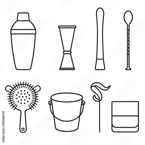 Cocktail Bar Icons. Line style icons of Cocktail Bar Essentials: shaker tin, jigger, muddler, bar spoon, strainer, ice bucket,