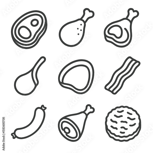 Meat Cut Icons. Line style icons of Meat & Poultry Cuts: steak, chicken drumstick, pork chop, lamb chop, turkey slice, bacon strip