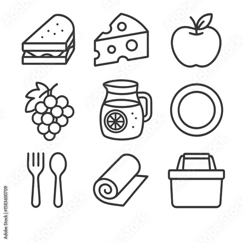 Picnic Basket Icons. Line style icons of Picnic Basket Items: sandwich half, cheese block, apple, grapes, lemonade jar, reusable