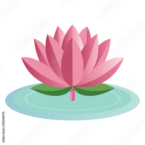 Pink Lotus Flower Illustration on Water Lily Pad with White Background