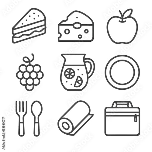 Picnic Basket Icons. Line style icons of Picnic Basket Items: sandwich half, cheese block, apple, grapes, lemonade jar, reusable