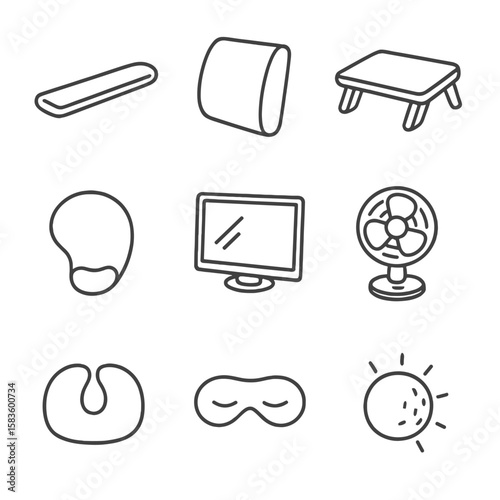 Comfort Icons Collection. Line style icons of Comfort Items: wrist rest pad, lumbar support cushion, footrest stool, gel mouse pad
