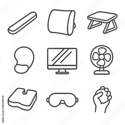 Comfort Icons Collection. Line style icons of Comfort Items: wrist rest pad, lumbar support cushion, footrest stool, gel mouse pad