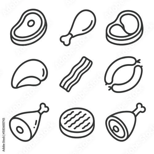 Meat Cut Icons. Line style icons of Meat & Poultry Cuts: steak, chicken drumstick, pork chop, lamb chop, turkey slice, bacon strip