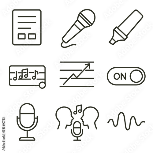 Karaoke Icon Set. Line style icons of Lyrics & Karaoke: lyrics page icon, karaoke mic, highlight word marker, scroll lyrics bar,