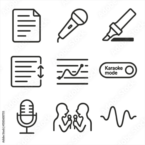 Karaoke Icon Set. Line style icons of Lyrics & Karaoke: lyrics page icon, karaoke mic, highlight word marker, scroll lyrics bar,