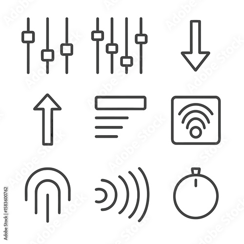 Audio Effects Icons. Line style icons of Equalizer & Effects: 3-band EQ sliders, 5-band EQ sliders, boost arrow, cut arrow, preset