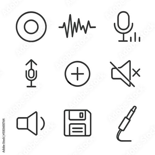 Audio Recording Icons. Line style icons of Audio Recording: record button, track waveform, mic level meter, recording arm icon,